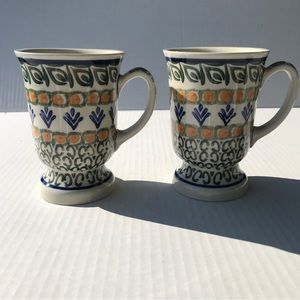 Set Of 2 Boleslawec Polish Pottery Pedestal Coffee Mugs Ceramika Artysty…